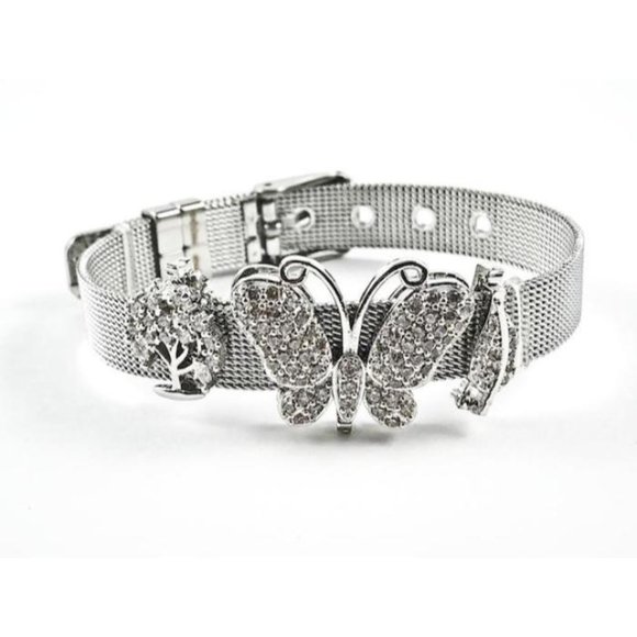 Beautiful Mesh Band Mix CZ Charm Steel Bracelet - Picture 1 of 1